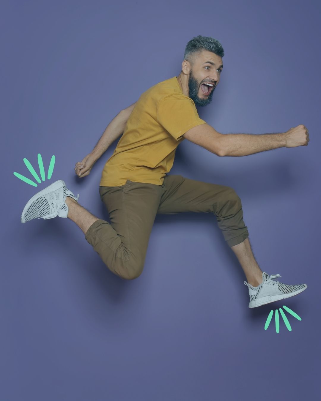Man is leaping with happy expression, bright sparks fly away from his shoes showing his excitement at using patient resources