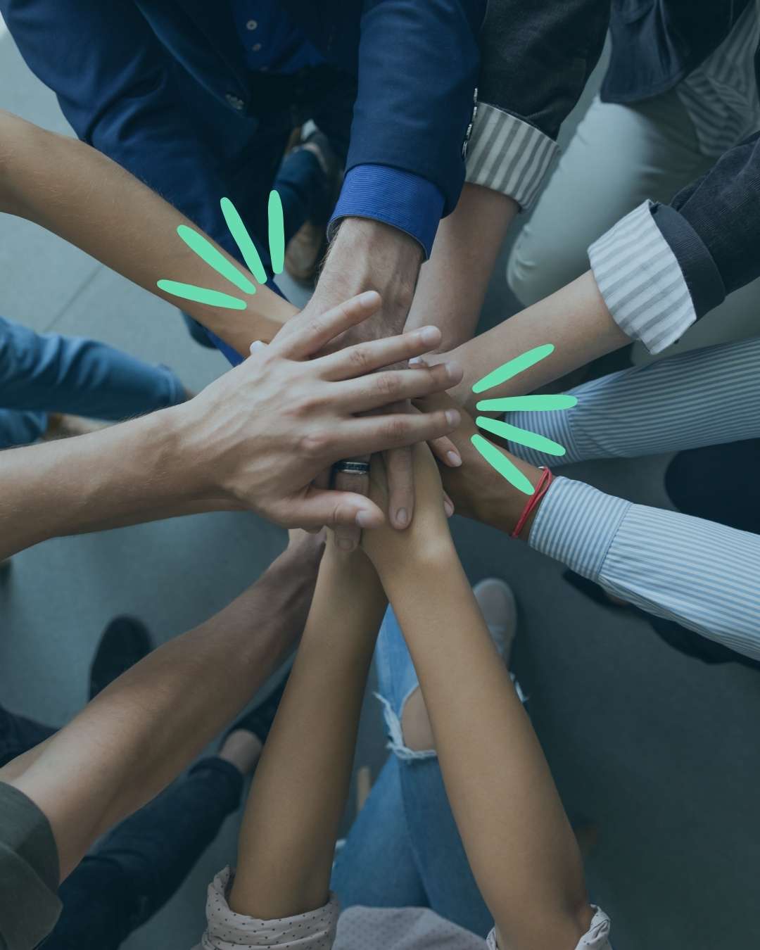 hands in with bright sparks shooting out of the center, the feeling is empowerment and teamwork, how it feels when you connect with CWS