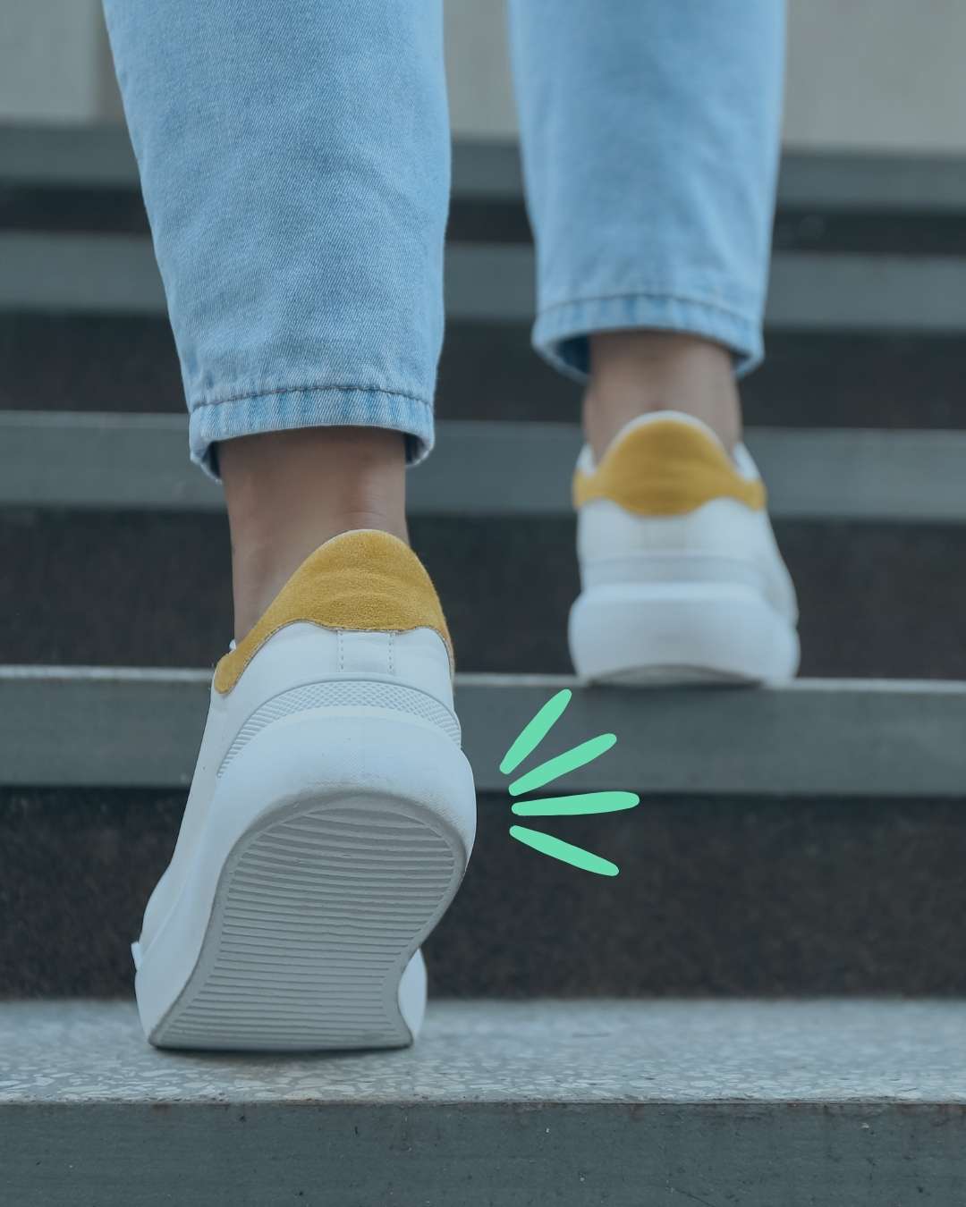 close up of tennis shoes walking up stairs, the mint green sparks coming from the shoes symbolize the cws services and how they support you