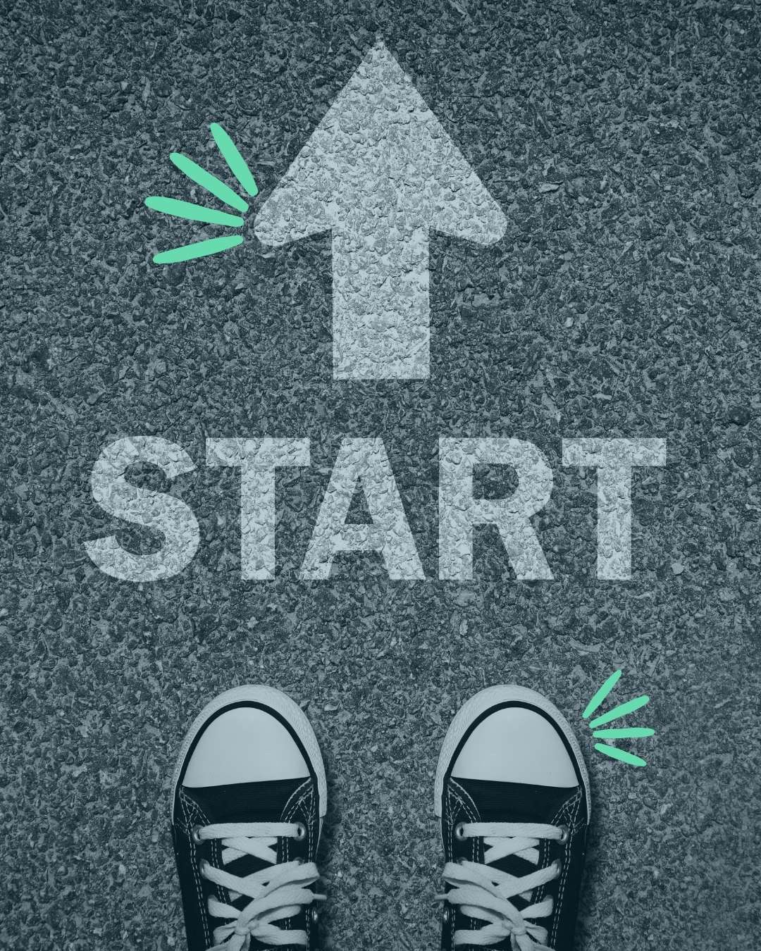 image of tennis shoes standing at the start of something, printed on asphalt are the words start and and an arrow pointing forward; with the support of cws clinic this person feels they can begin their health journey like many of the patients who wrote cws testimonials