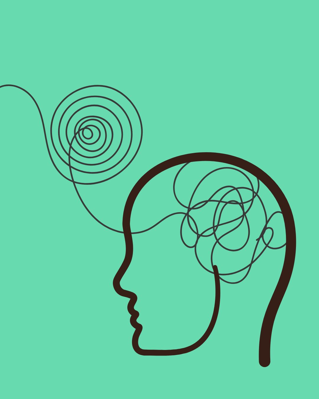 graphic showing an illustration about CWS mental health support silhouette of a head with scrambled thoughts, as they leave the heads, the thoughts form a neat spiral