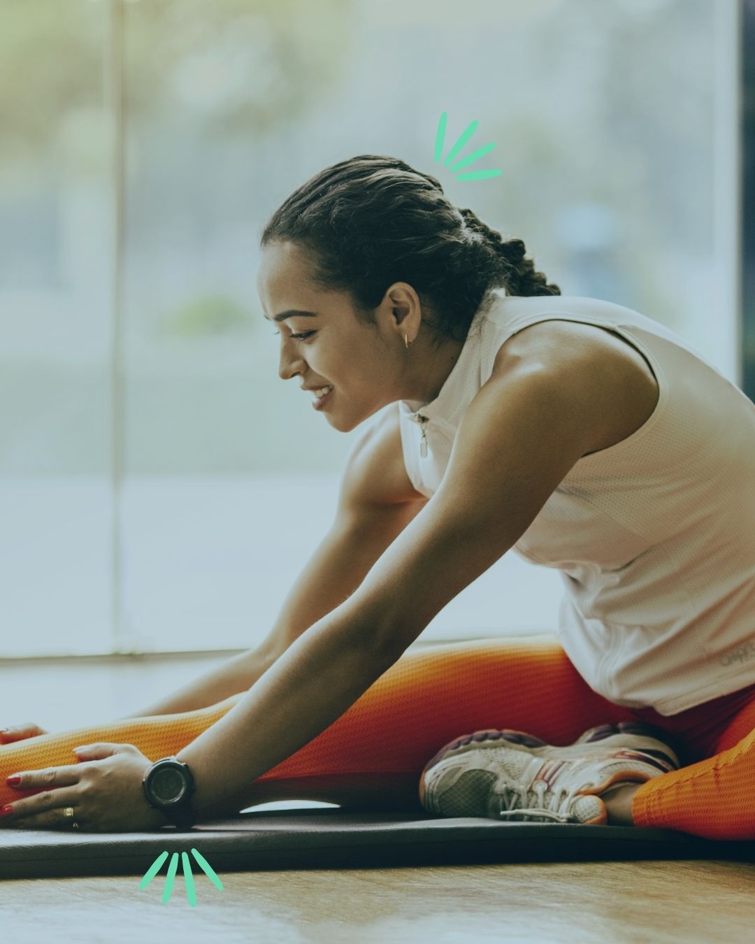 young woman is stretching, she looks at ease and happy, feelings we hope to provide you with after receiving weight management support from cws
